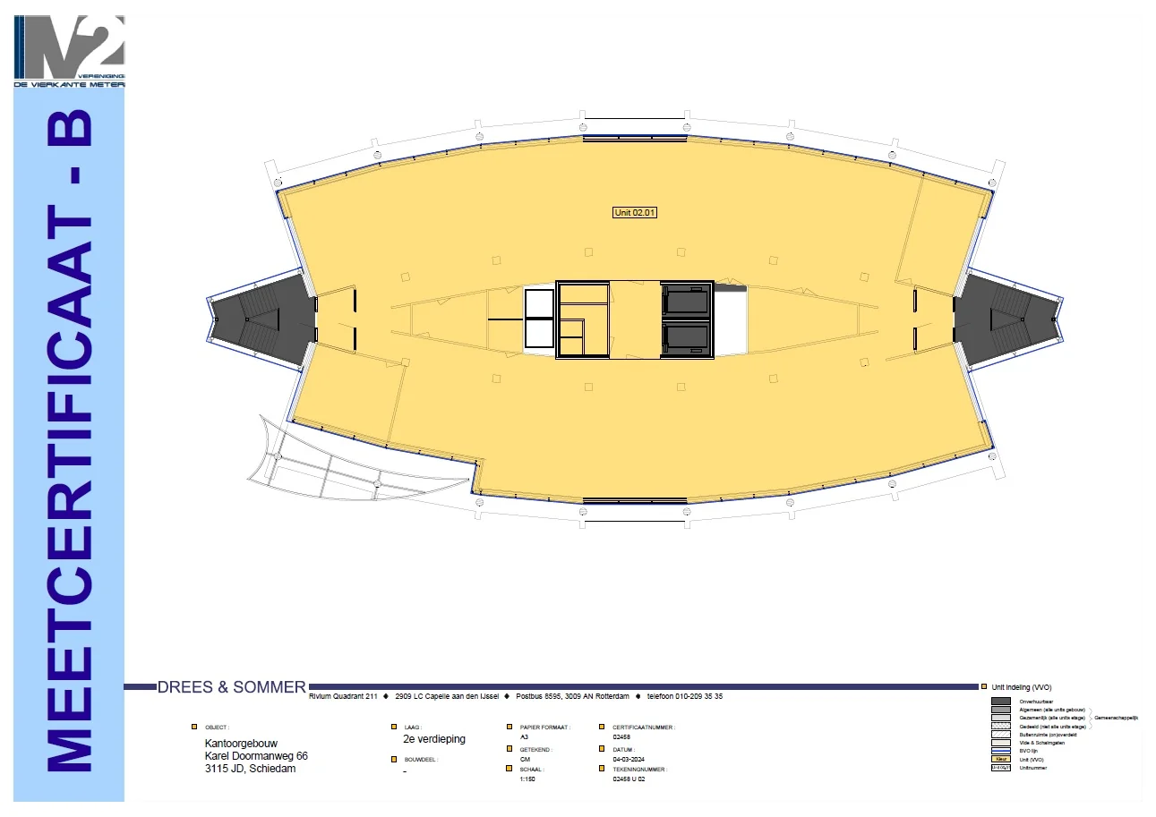 Plattegrond van de tweede verdieping van het kantoorgebouw aan de Karel Doormanweg 66 in Schiedam met unit 02.01 gemarkeerd.